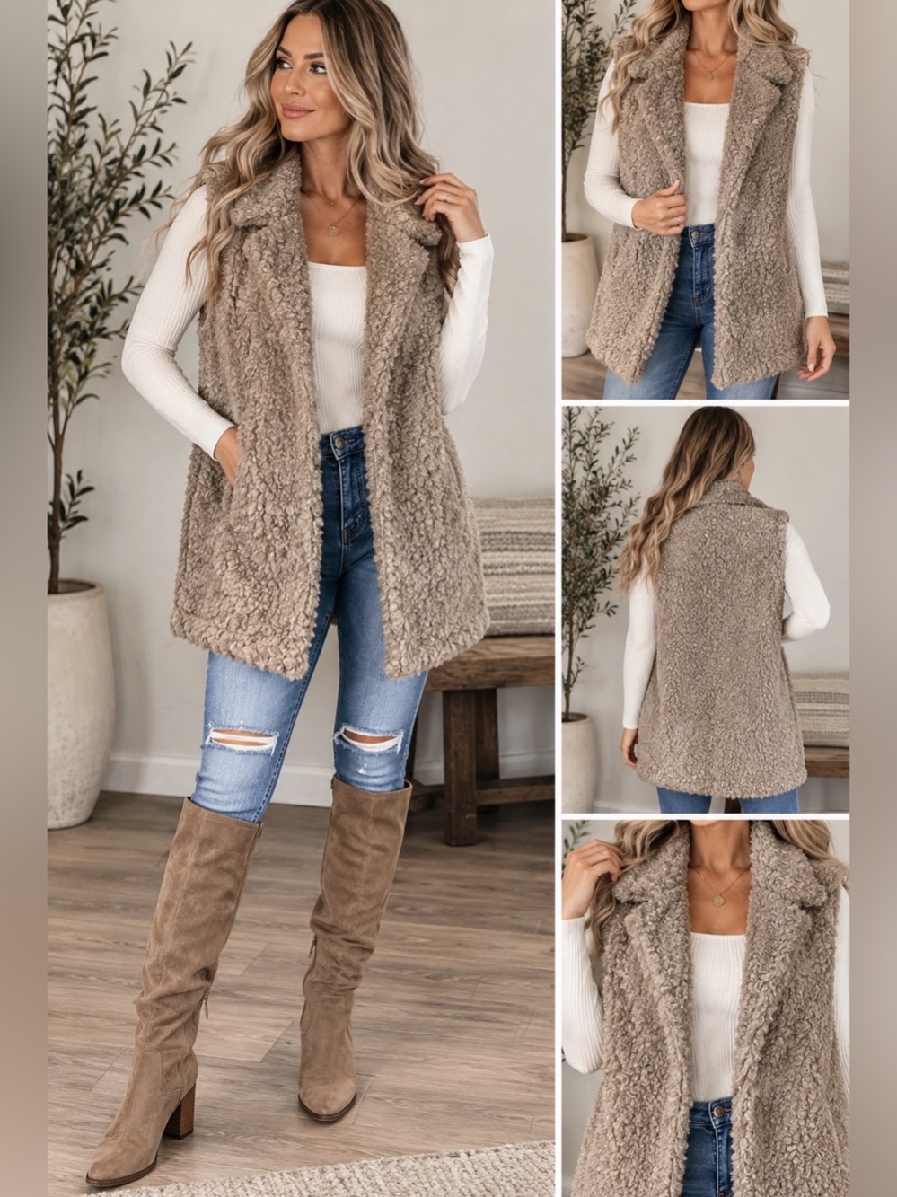 Kimberly C Teddy Sherpa Vest Cottagecore S/M Taupe Beige Faux Shearling Open